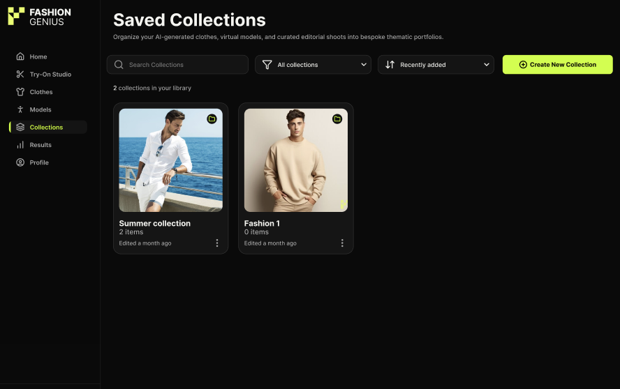 Saved collections inside Fashion Genius Creator Studio